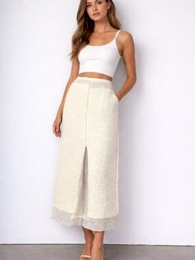 Massimo Dutti Cream Textured Maxi Skirt with Front Panel